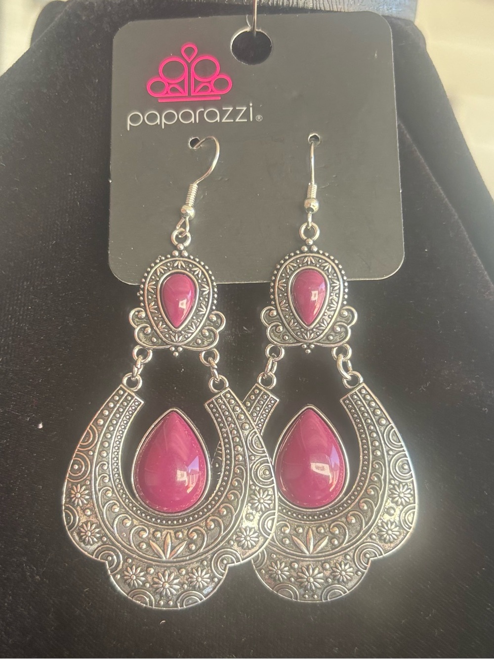 Paparazzi Silver-Tone Filigree Teardrop Earrings with Fuchsia Stones